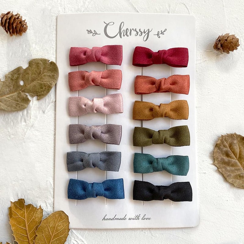 Cherssy Boutique Baby Hair Clips, 12pcs Suede Mini Bows Hair Barrettes, Fully Lined Hair Pins for Infant Toddler Girl's Fine Hair by Cherssy - Image 1